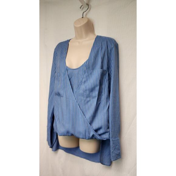 BCBGMAXAZRIA GINEVRA Striped Blue Scoop-Neck Wrap Hi-Lo Long Sleeve Blouse L - Picture 6 of 10